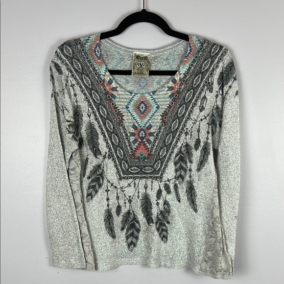 Vocal Aztec Southwestern Lace Long Sleeve Top Medium Grey - Picture 2 of 11